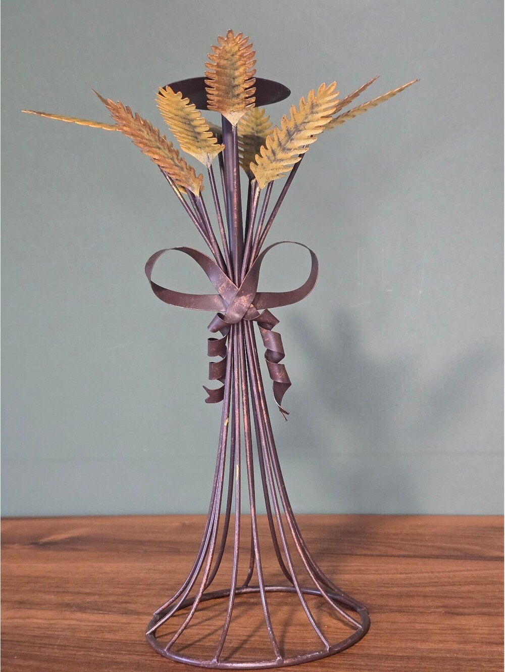 Vintage Metal Wheat Sheaf Candle Holder Hollywood Regency Pillar Stand